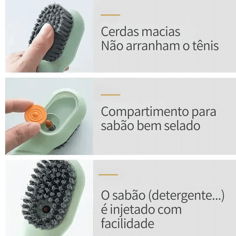 Escova para limpeza de tênis com dispenser para detergente