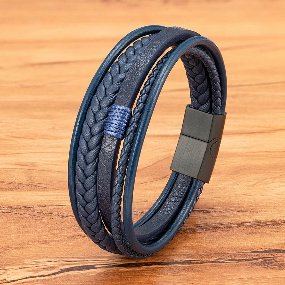 Pulseira de Couro Multicamadas – AZUL