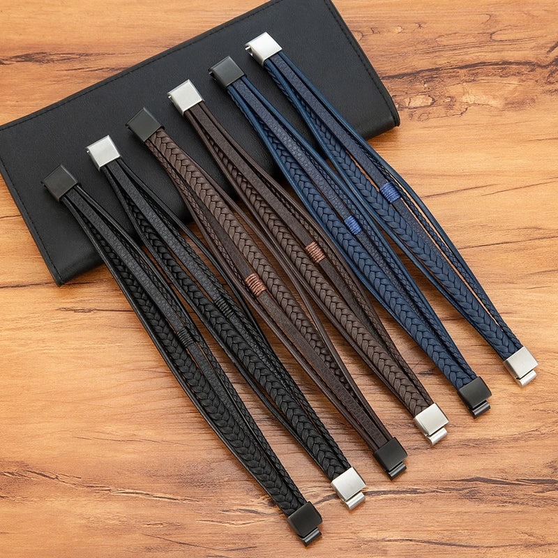 Pulseira de Couro Multicamadas – AZUL