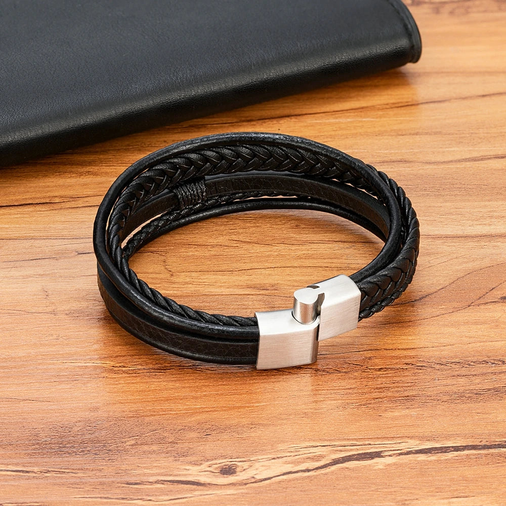 Pulseira de Couro Multicamadas PRETA