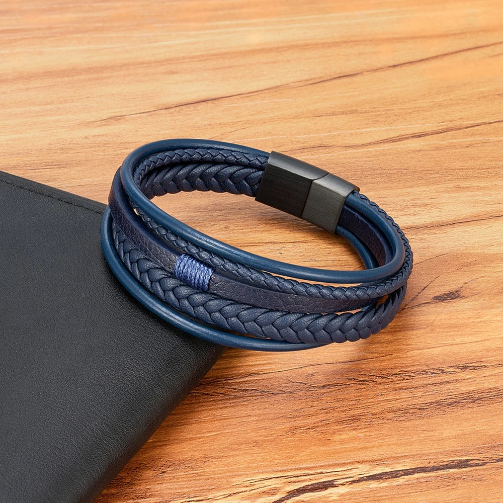 Pulseira de Couro Multicamadas – AZUL