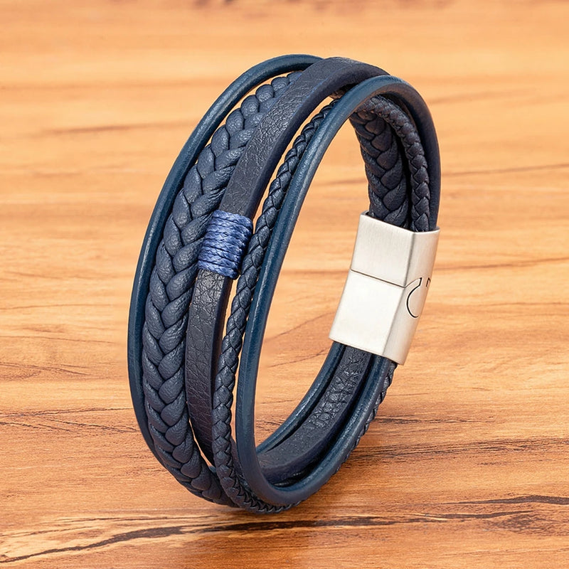 Pulseira de Couro Multicamadas – AZUL