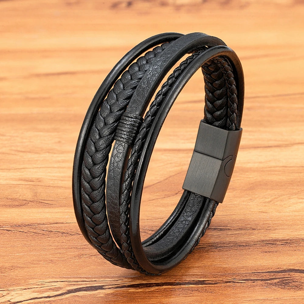 Pulseira de Couro Multicamadas PRETA